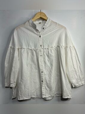 FLY Hemp/ Cotton Blend Button Front White Blouse